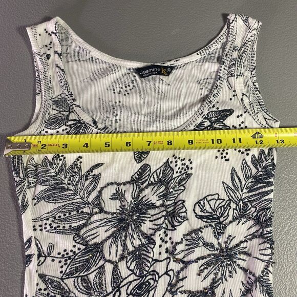 JASMINE KC Tank Top Floral Beaded Sequin Ribbed Stretchy Womens S White Black - Picture 4 of 9